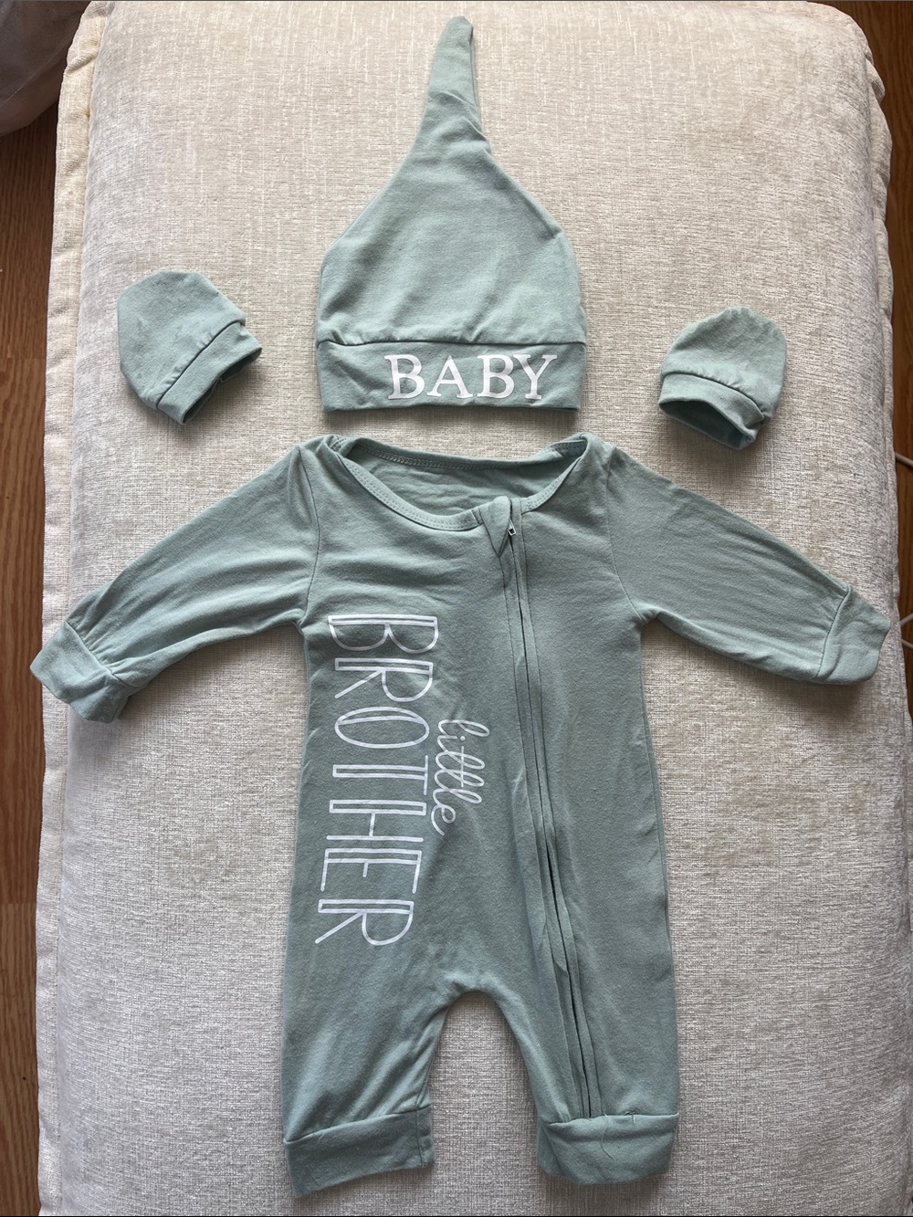 Little Brother Sage Green Baby One-Piece with Hat and Mittens